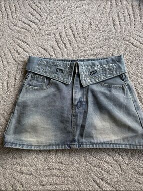 “Miu Miu” Washed Blue Crystal-Embellished Denim Mini Skirt